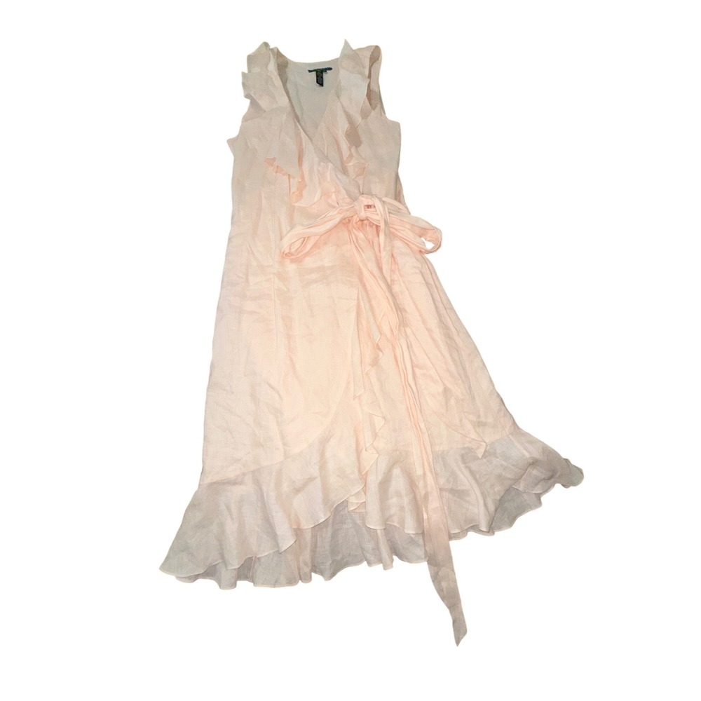 Lauren Ralph Lauren Pink Linen Ruffle Wrap Midi Dress Peach Size 10